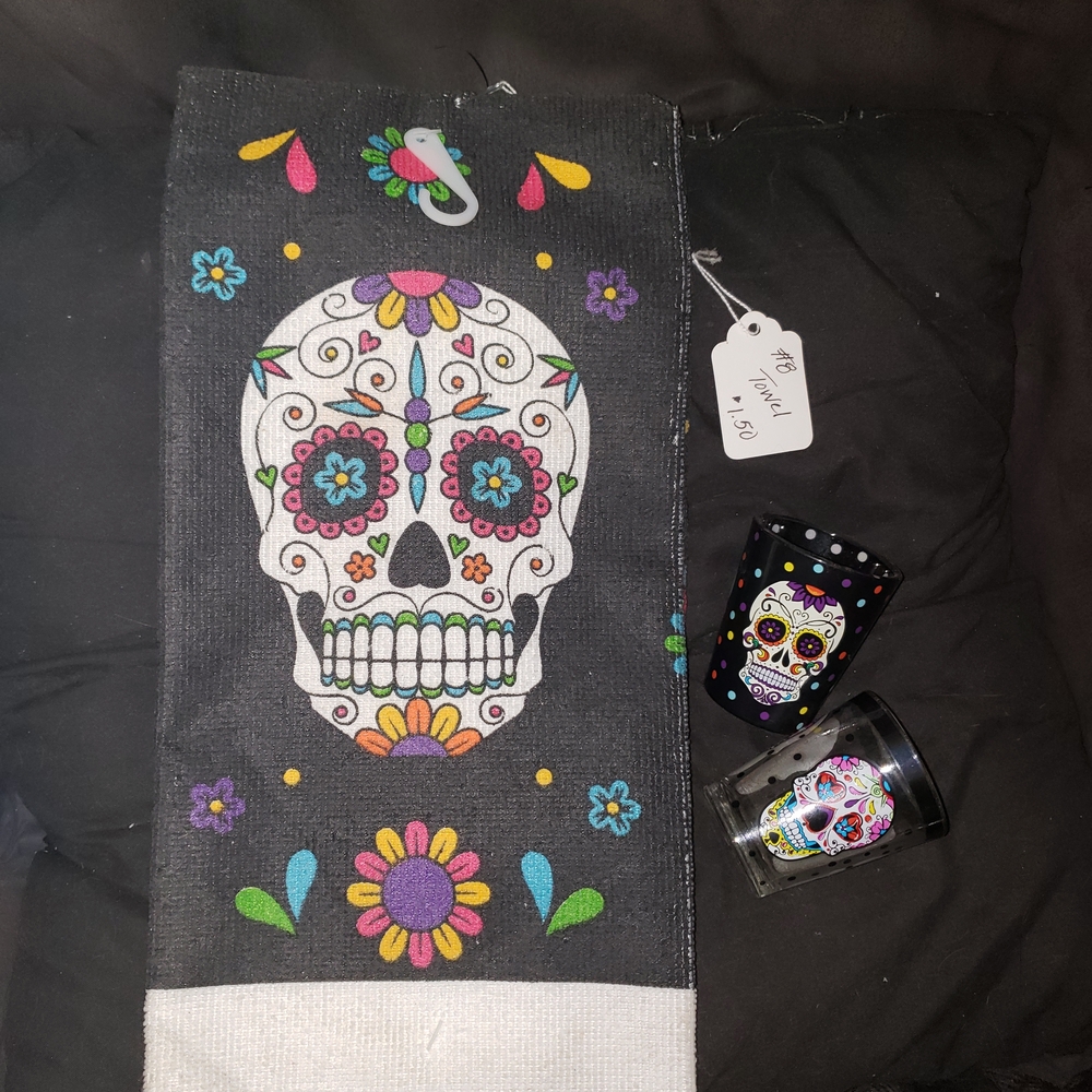 Colorful Sugar Skull Towel and Shot Glass Set
